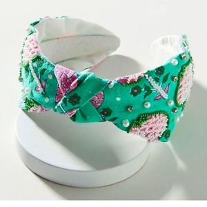 Anthropologie x Llani Isobel Embroidered, Beaded Green, Pink & White Headband